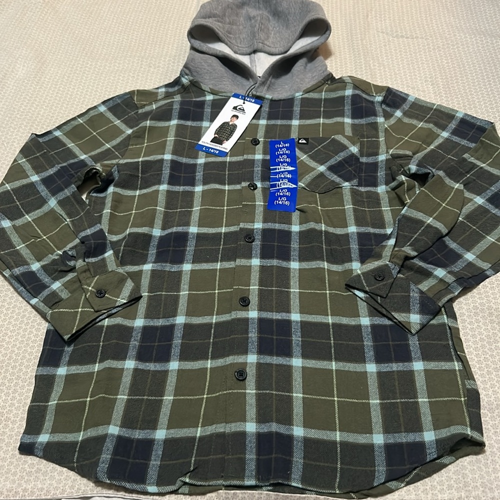 Quicksilver Youth Hooded Flannel Plaid green Size L 14/16 NWT